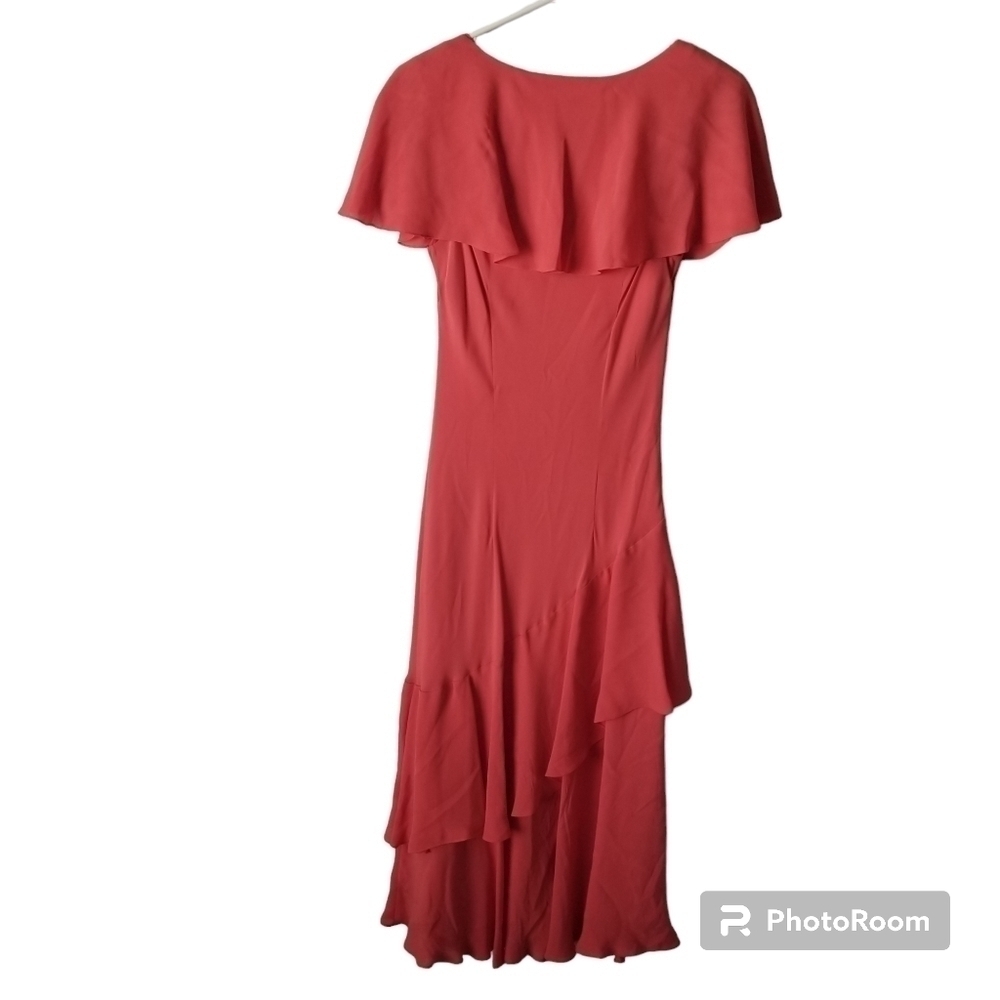 Talbots Pure Silk Coral Maxi Dress Asymmetrical Ruffle Hem Size 8 - Picture 2 of 13